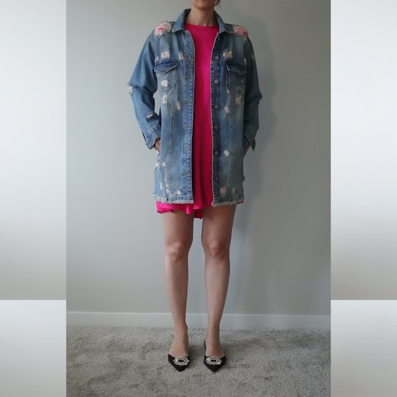 Dilvin Embroidered Denim Jacket with Back Slogan Size 4 / 36 / S - Picture 3 of 6